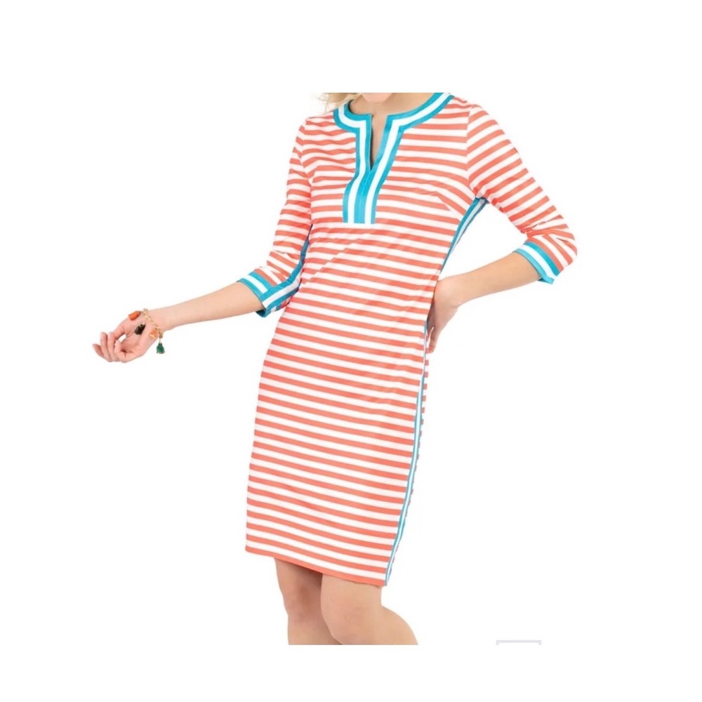 Gretchen Scott Hinckley Coral Stripe Split Neck‎ Jersey Dress XS Preppy Coastal